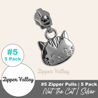 Nat the Cat | Zipper Sliders with Pulls | Size 5 (5 Pack) - Emmaline Bags Inc. - Bag Zippers