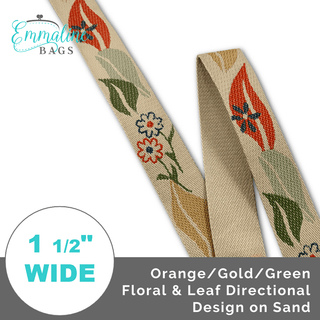 Orange/Gold/Green Floral & Leaf Directional Design on Sand • 1 1/2" (38mm) Wide (Per 1 Yard) - Emmaline Bags Inc.-Straps & Handles