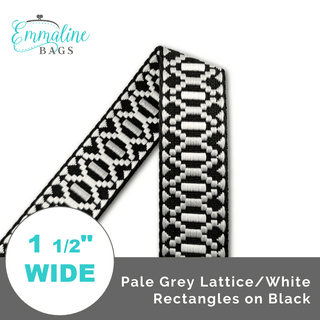 Pale Grey Lattice & White Rectangles on Black • 1 1/2" (38mm) Wide (Per 1 Yard) - Emmaline Bags Inc.-Straps & Handles