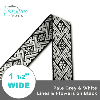Pale grey/white Lines & Flowers on Black • 1 1/2" (38mm) Wide (Per 1 Yard) - Emmaline Bags Inc.-Straps & Handles