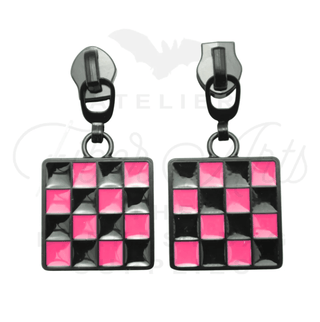 Pink Enamel Checkerboard Zipper Sliders w/ Pulls | SIZE5 (2 Pack) - Emmaline Bags Inc. - Bag Zippers