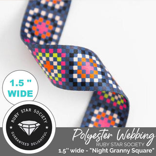 RSS | Polyester Webbing 'Night Granny Square': 1 - 1/2" (38mm) Wide (Per 1 Yard) - Emmaline Bags Inc. - Straps & Handles