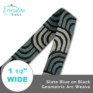 Slate Blue on Black Geometric Arc Weave • 1 1/2" (38mm) Wide (Per 1 Yard) - Emmaline Bags Inc. - Straps & Handles