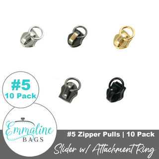 Slider with Attachment Ring | Emmaline Zipper Sliders with Pulls | SIZE5* (10 pack) - Emmaline Bags Inc. - Emmaline Zippers
