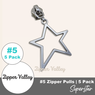 Superstar | Zipper Sliders with Pulls | Size 5 (5 Pack) - Emmaline Bags Inc. - Bag Zippers