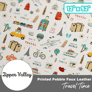 Travel Time | Zipper Valley Printed Pebble Faux Leather | 12" x 52" Pre-Cut (Small) - Emmaline Bags Inc.-Fabric