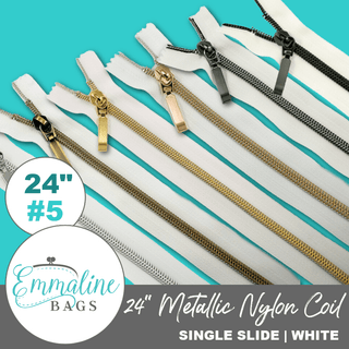 White | Emmaline 24" Nylon Coil Zipper | *SIZE5* with Rectangle Pull - Emmaline Bags Inc. - Emmaline Zippers