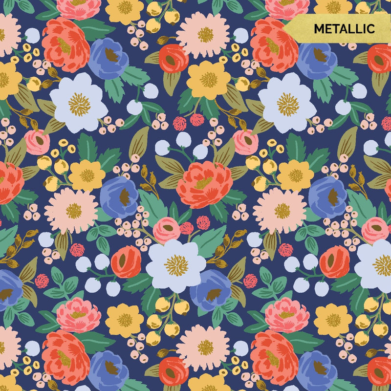 Blue Vintage Blossom (Metallic) // by Rifle Paper Co. for Cotton + Steel (1/4 yard) - Emmaline Bags Inc.