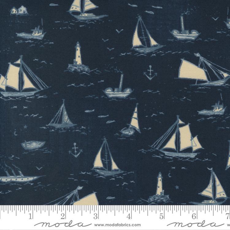 Boats in Dark Ocean // To The Sea for Moda (1/4 yard) - Emmaline Bags Inc.
