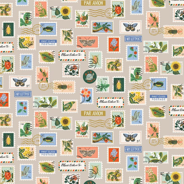Botanical Postage Stamps in Khaki - Metallic • Curio by Rifle Paper (1/4 yard) - Emmaline Bags Inc.
