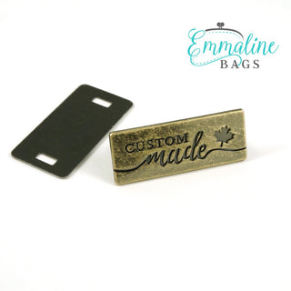 Metal Bag Label: "Custom Made" - with Maple Leaf - Emmaline Bags Inc.