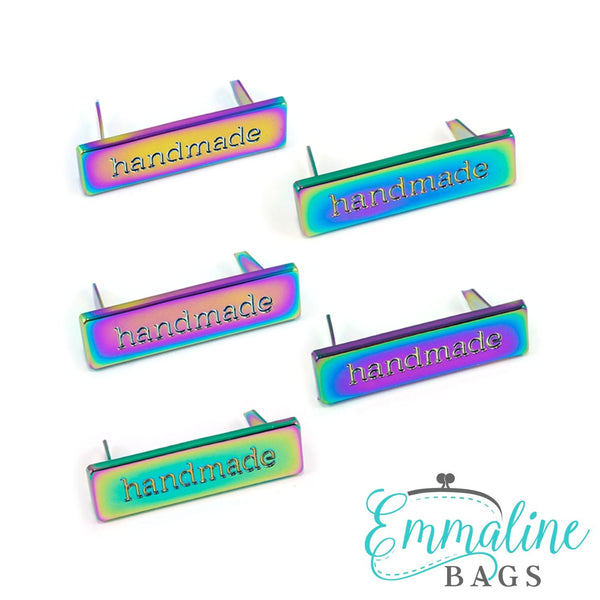 Metal Bag Label: "handmade" in Iridescent Rainbow Finish - Emmaline Bags Inc.