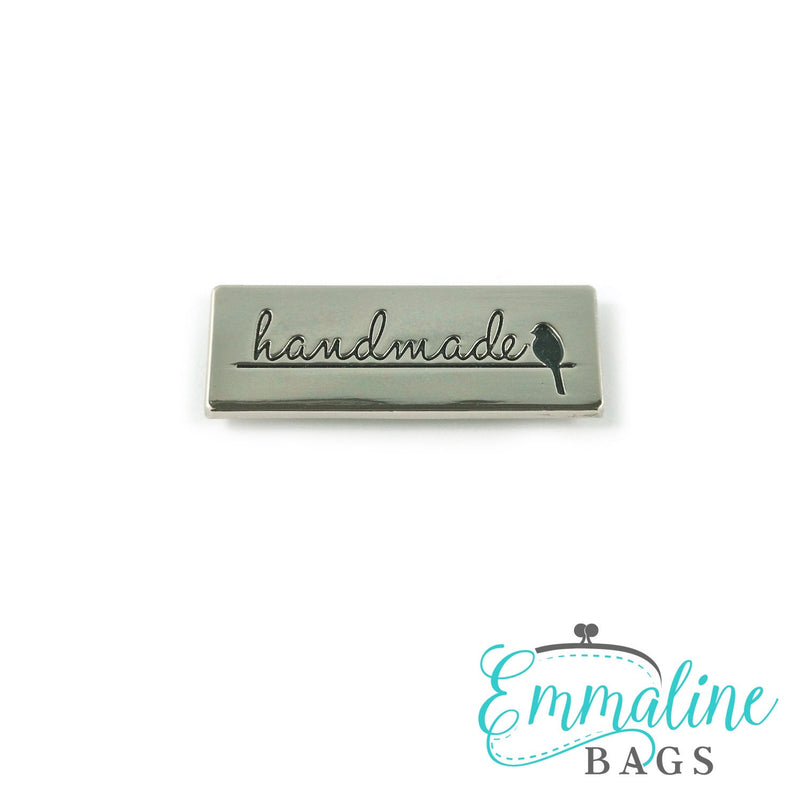 Metal Bag Label: "Handmade" with Bird - Emmaline Bags Inc.