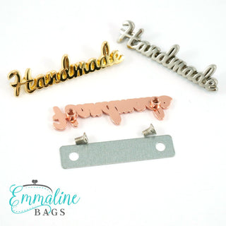 Metal Bag Label: Script Style "handmade" - Emmaline Bags Inc.