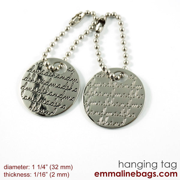 Metal Hanging Tag: Small Circle "handmade" in Nickel - Emmaline Bags Inc.