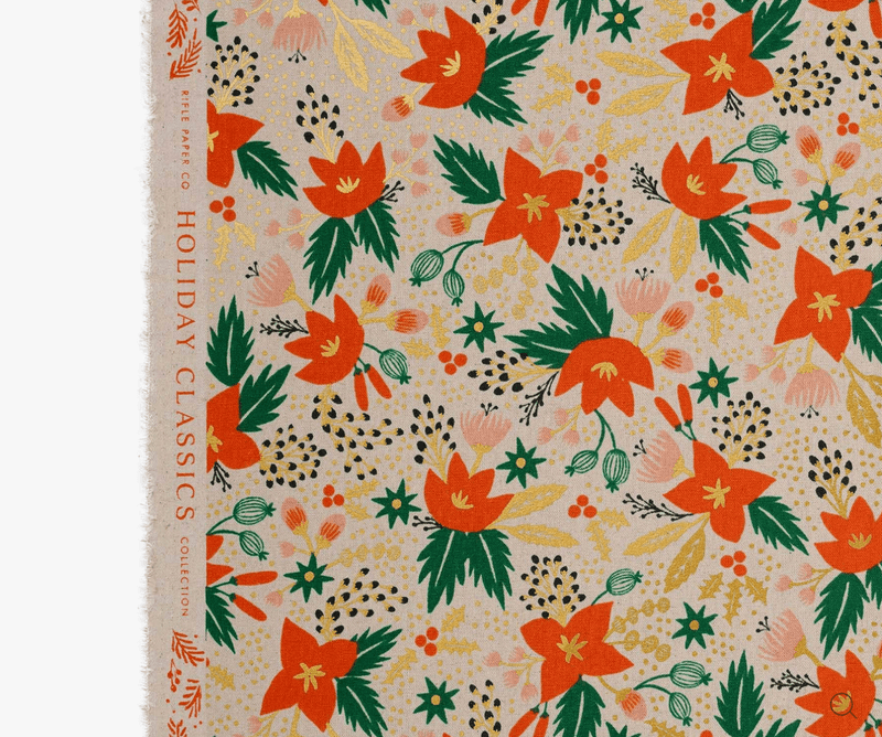 Natural Metallic Poinsettia Canvas // Holiday Classics - Rifle Paper Co. for Cotton + Steel (1/4 yard) - Emmaline Bags Inc.