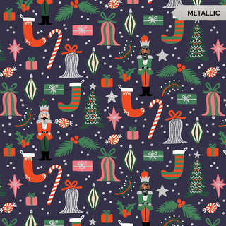 Navy Deck the Halls (Metallic) // Holiday Classics II - Rifle Paper Co. for Cotton + Steel (1/4 yard) - Emmaline Bags Inc.