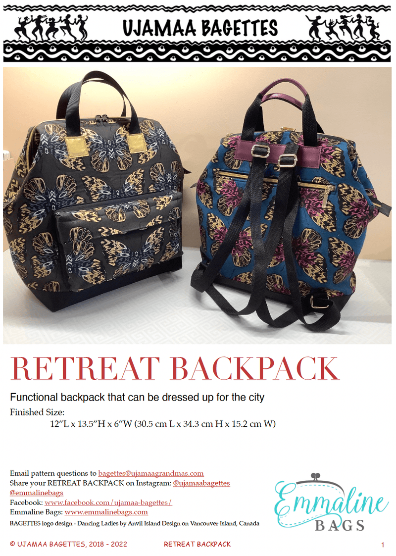 PDF - Retreat Backpack by UJAMAA BAGETTES - Emmaline Bags Inc.