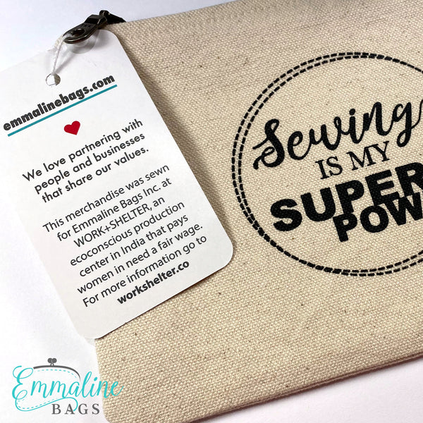 "Sewing is my Super Power" Organic Cotton Zipper Pouch - Emmaline Bags Inc.