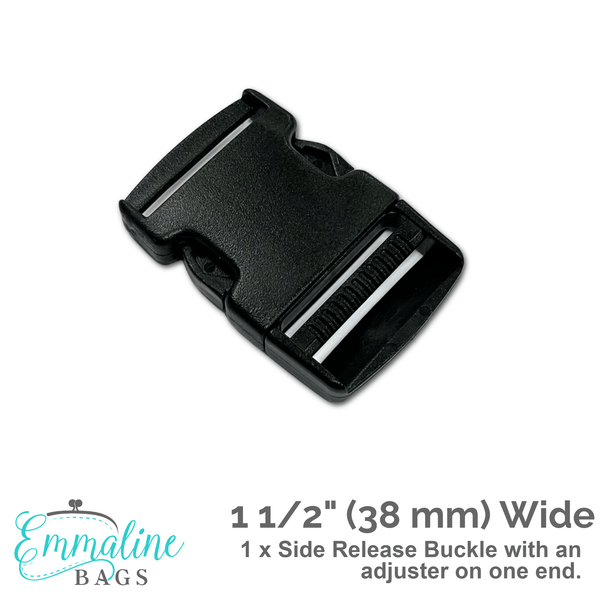 Side Release Buckle with Adjuster - Black Plastic 1 1/2" (38mm) - 1 per Pack - Emmaline Bags Inc.