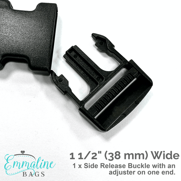 Side Release Buckle with Adjuster - Black Plastic 1 1/2" (38mm) - 1 per Pack - Emmaline Bags Inc.