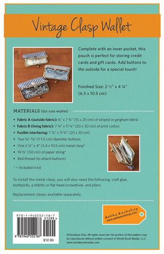 Vintage Clasp Wallet Kit with Pattern from Zakka Workshop - Emmaline Bags Inc.