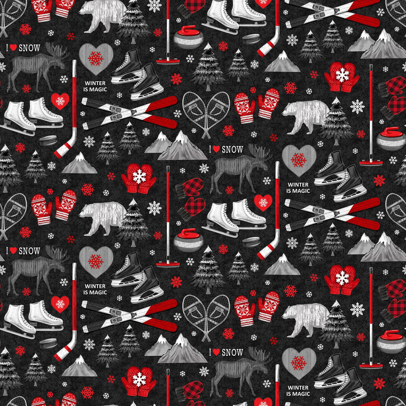 Winter Activities on Black FLANNEL • Cozy Up by Northcott (Per 1/4 yard) - Emmaline Bags Inc.